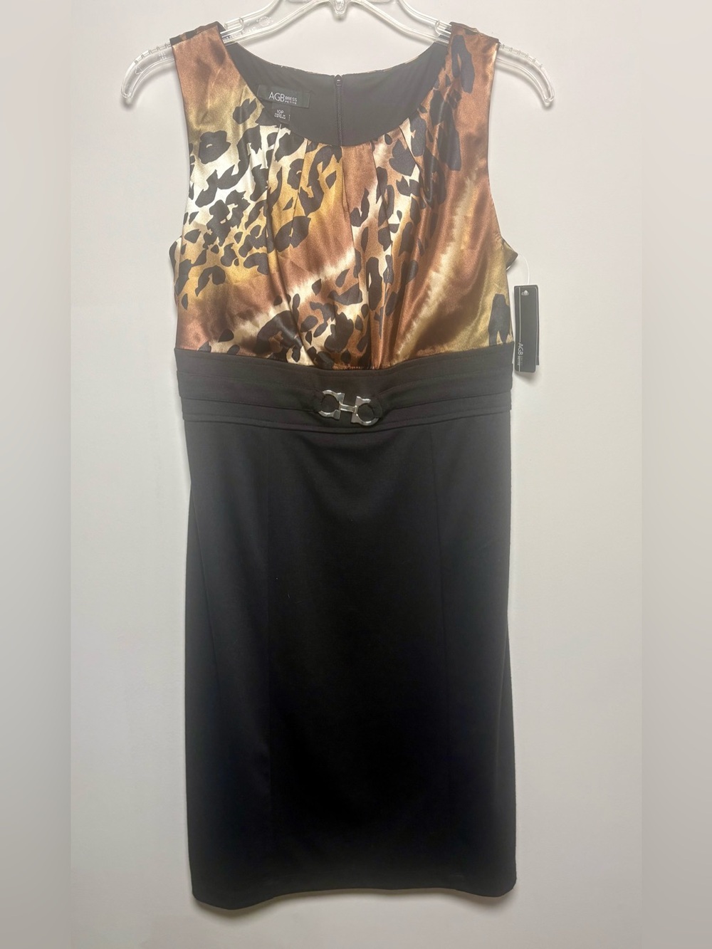AGB Black Midi Dress with Metallic Leopard-Print Bodice